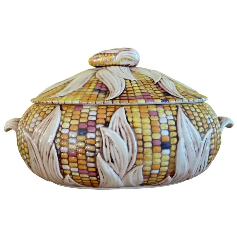 Vintage Ceramic Corn Shaped Covered Casserole Dish Tureen  Mid Century